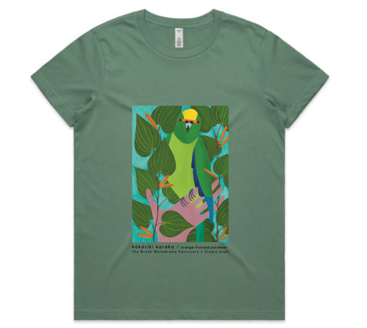 Kākāriki t-shirt rectangle sage design