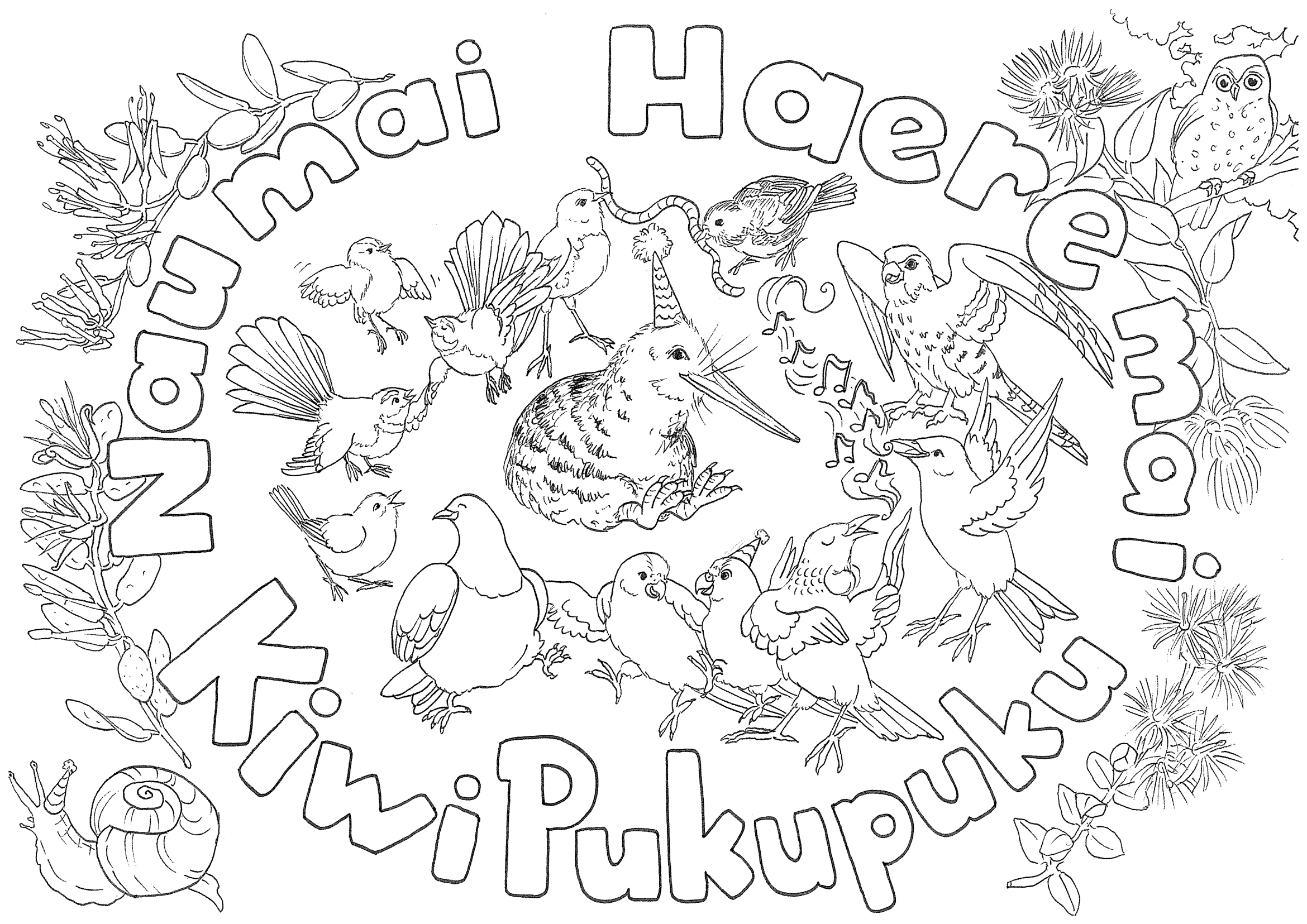 NauMaiHaereMai Colouring In 2-1 - Brook Waimārama Sanctuary | Returning Nature to the Nelson Region Welcome Kiwi pukupuku
